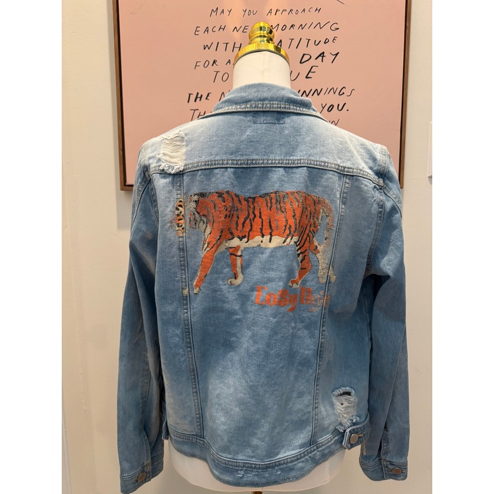 Project Judith March Boho Tiger Distressed Denim Jacket, Medium